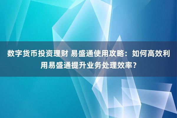 数字货币投资理财 易盛通使用攻略：如何高效利用易盛通提升业务处理效率？